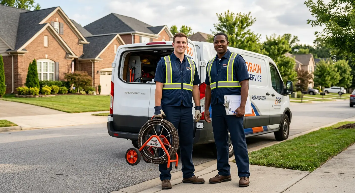 Sewer and drain service team with equipment ready for work in Long Grove