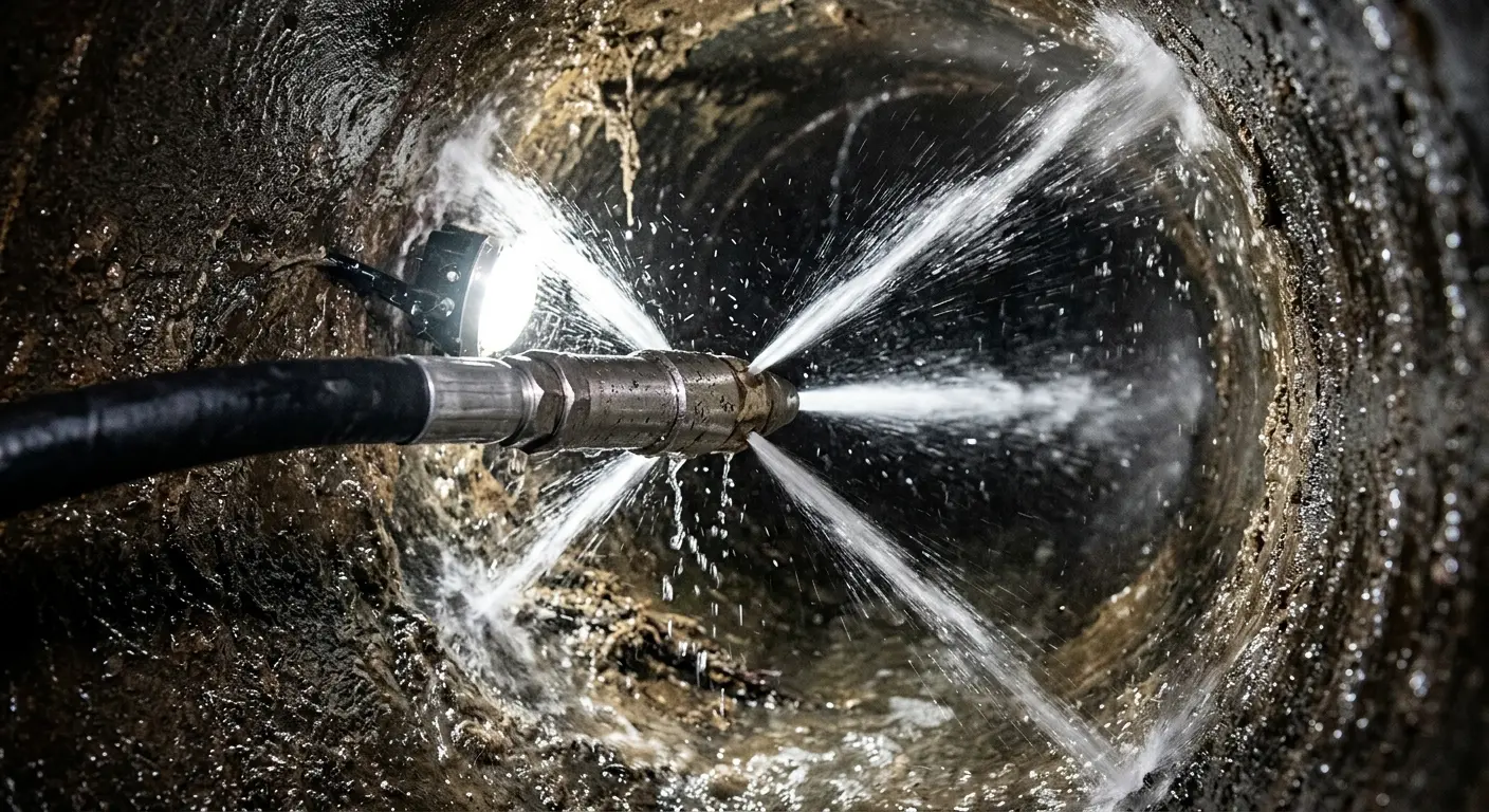 High-pressure hydro jetting nozzle cleaning sewer pipe for Sewer Cleanout in Long Grove