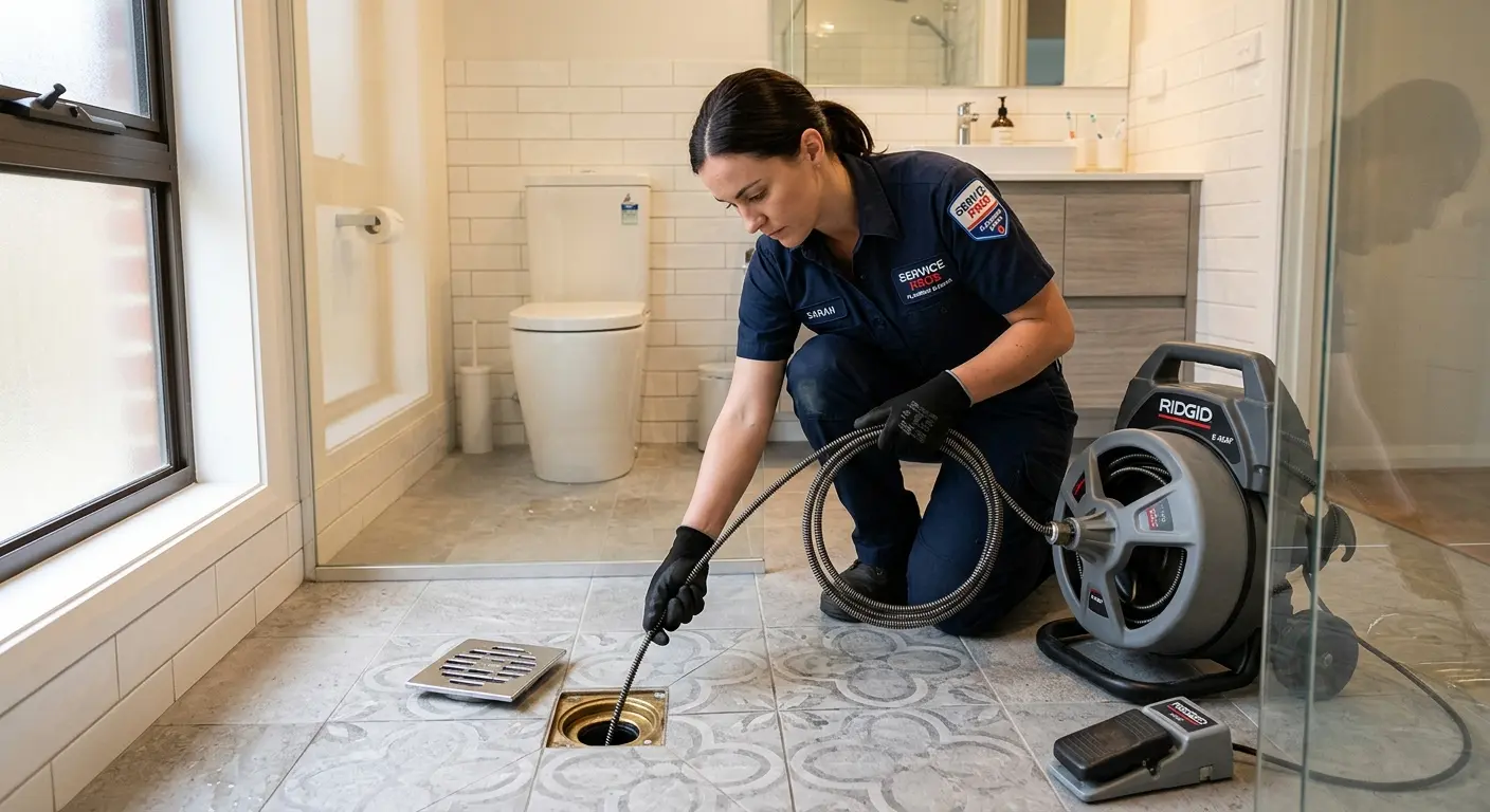Technician clearing a bathroom floor drain for Hydro Jetting in Long Grove